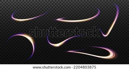 Set of abstract light lines of movement and speed, blue, gold, purple colors. Light everyday glowing effect. semicircular wave, light trail curve swirl, optical fiber incandescent png.
