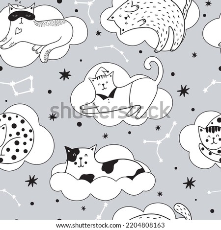 Cute cats sleeping on the clouds. Hand-drawn seamless pattern with animals on a grey background. Can be used for nursery, kids design, wallpaper.