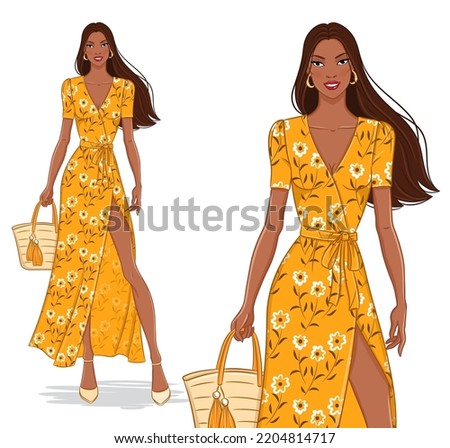 Vector fashion illustration of a beautiful young black woman in a summer outfit. Fashion model in a floral dress. Smiling elegant girl isolated on white background.