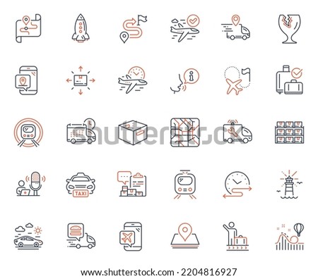 Transportation icons set. Included icon as Luggage belt, Delivery truck and Taxi web elements. Inventory report, Lighthouse, Confirmed flight icons. Time schedule, Flight mode. Vector