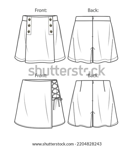 Vector mini skirt short fashion, wrapped woman skort with elasticized waistband sketch, template, flat, technical drawing. Jersey or woven fabric skirt template set with front, back view, white color Royalty-Free Stock Photo #2204828243