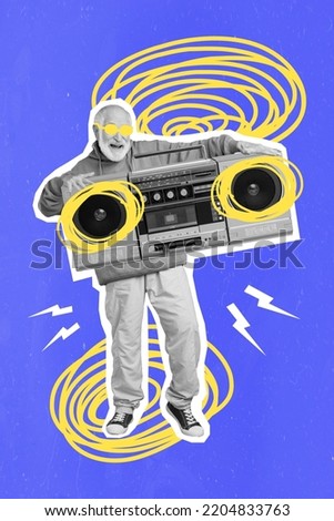 Creative trend collage of feeling young retired man sunglass holding retro tape recorder party disco dj isolated doodle drawing background