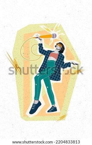 Vertical collage picture of overjoyed carefree person arm hold drawing microphone dancing isolated on painted background