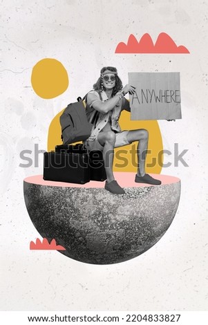 Creative photo 3d collage poster postcard artwork of happy person boy sitting part earth catch car isolated on drawing background