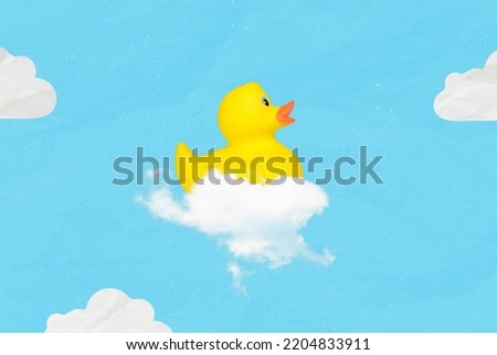 Composite collage illustration of flying rubber toy duck isolated on creative painted clouds sky background