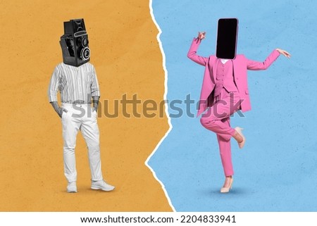 Creative photo 3d collage poster postcard of two person boy girl retro gadget vs modern isolated on painting background