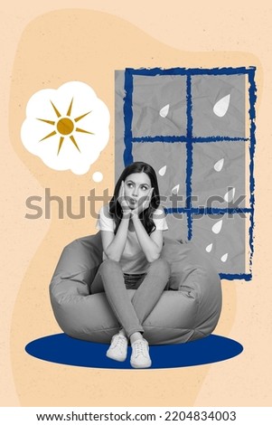 Composite collage image of sad depressed frustrated young woman sitting soft comfy beanbag rainy weather window outside dream sun summer