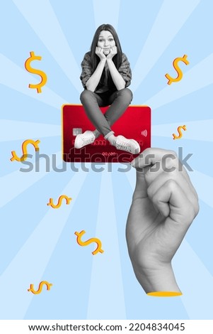 Creative trend collage of hand holding credit card sad young depressed girl spend waste all money credit loan bankruptcy drawing background