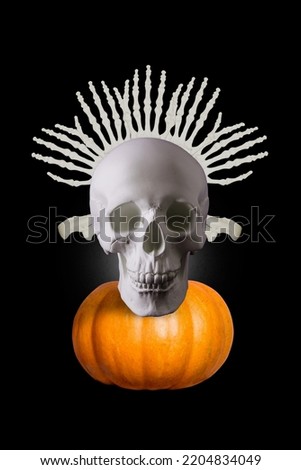 Vertical collage picture of human skull arms skeleton halloween pumpkin isolated on creepy black background