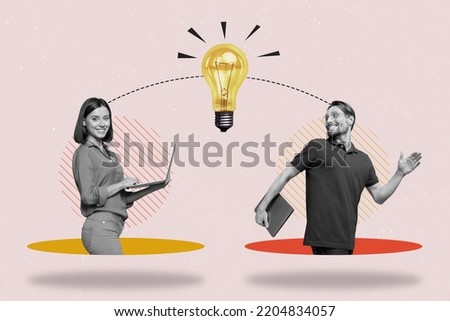 Creative photo 3d collage poster postcard image of two young person hold gadgets remote distance work isolated on painting background