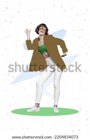 Creative photo 3d collage poster postcard artwork of happy young lady good mood fun joy free time isolated on painting background