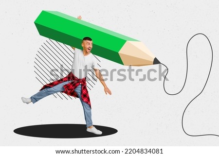 Creative photo 3d collage poster postcard image of positive happy guy hold bid huge pencil isolated on painting background
