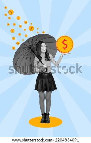 Vertical collage illustration of cheerful girl black white colors hold umbrella money coins rain isolated on creative background