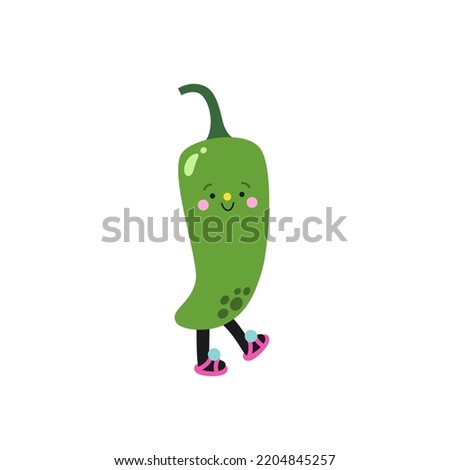 Cute cartoon jalapeno illustration on a white background. Funny colorful character.