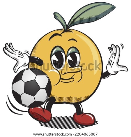 vector illustration of vintage cartoon character of orange fruit playing soccer