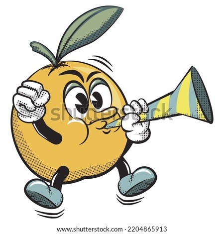 vector illustration of vintage cartoon character of orange fruit blowing birthday trumpet