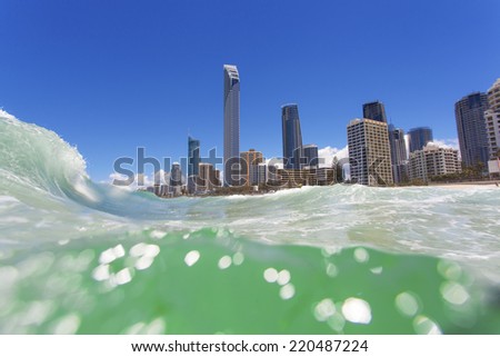 Clear waves rolling on Surfers Paradise beach on Gold Coast, Australia
