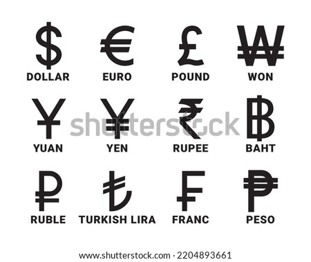 Popular countries currencies symbols isolated currency icons on white background Royalty-Free Stock Photo #2204893661