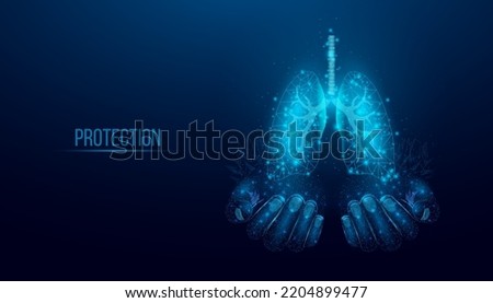 Two human hands are holds human lungs. Support healthy lungs concept. Wireframe glowing low poly design on dark blue background. Abstract futuristic vector illustration. Royalty-Free Stock Photo #2204899477