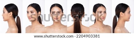 Face Shot Beauty skin 20s Asian Woman has beautiful eyes lips and clean clear smooth skin . Black long straight hair female feel happy smile fashion vintage poses over white background isolated Royalty-Free Stock Photo #2204903381
