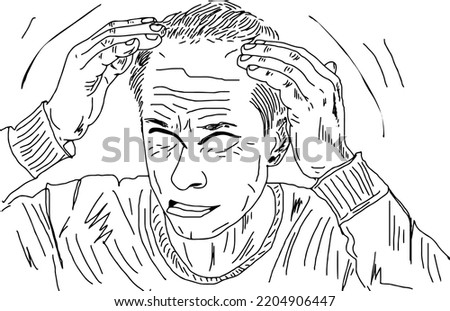 Man worry because of Alopecia, hair loss in young age vector illustration, Young boy worrying about his hair loss problem sketch drawing, cartoon doodle drawing of male hair loss concept