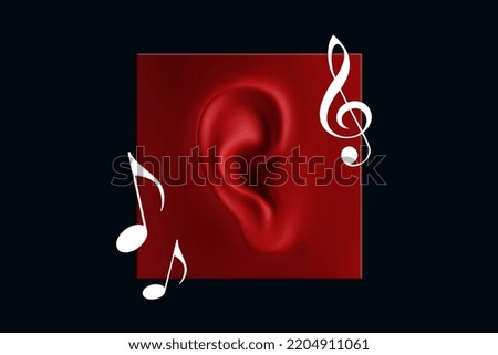 Human ear close-up in red. Symbol, icon, music streaming, music app, podcast, audio book. Modern design, magazine style, 3D render, 3D illustration