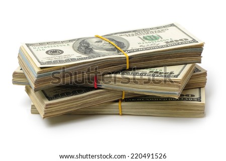 Many bundle of US 100 dollars bank notes isolated on white background 