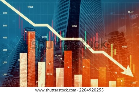 Economic crisis concept shown by declining graphs and digital indicators overlap modernistic city background. Double exposure. Royalty-Free Stock Photo #2204920255
