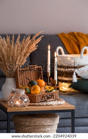 Cozy autumn concept. Home warmth in cold weather. Still-life. Pumpkins, wicker basket, candles and flowers on the coffee table in the home interior of the living room. Royalty-Free Stock Photo #2204924039