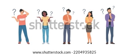 Different young women and men surrounded by a question mark.People stand full body. Flat style cartoon vector illustration.  Royalty-Free Stock Photo #2204935825