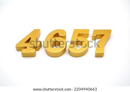   Number 4657 is made of gold-painted teak, 1 centimeter thick, placed on a white background to visualize it in 3D.                                
