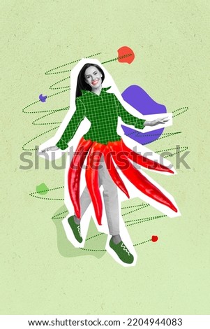Vertical collage picture of excited positive girl black white colors waist red chili peppers isolated on painted background