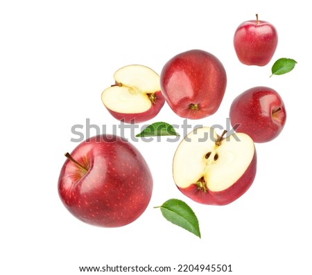 Fresh red apple with half cut and leaves  levitate isolated on white background, Full depth, Clipping path Royalty-Free Stock Photo #2204945501