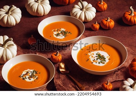 Pumpkin soup with cream, traditional fall meal recipe idea, food photography and illustration