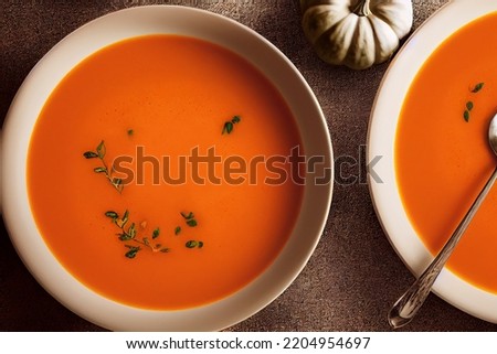 Pumpkin soup, traditional fall meal recipe idea, food photography and illustration