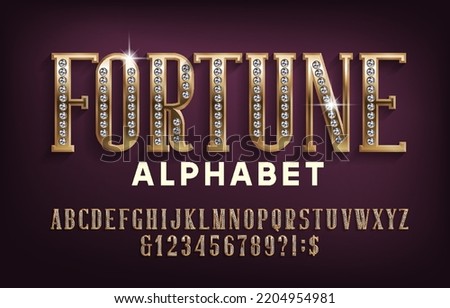 Fortune alphabet font. Gold letters and numbers encrusted with diamonds. Stock vector typeset for your design.