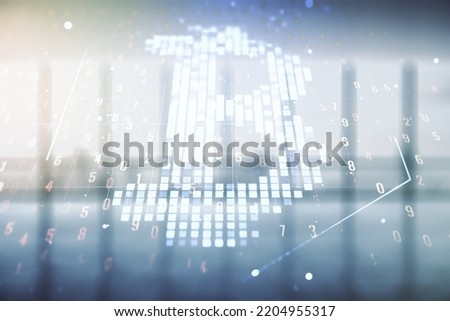 Double exposure of creative Bitcoin symbol hologram on empty modern office background. Cryptocurrency concept