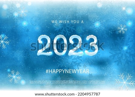 2023 happy new year on winter christmas frost background. Winter 2023 year set with snow caps. Festive winter frost background. Frozen Xmas and Happy New Year 2023 Greetings.Vector illustration EPS 10 Royalty-Free Stock Photo #2204957787