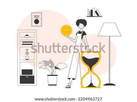 The girl is holding a watch in her hands. Time management concept. Lineart trendy style. Vector illustration.