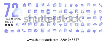 Mega set of vector icons in glass morphism modern trendy style. Purple and transparency glass. 72 icons in a single style of business, finance, UX UI Royalty-Free Stock Photo #2204968557