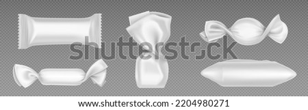 Blank wrappers of candies and chocolates, 3d white plastic packs. Vector realistic mockup of sweets wraps, empty template of packages for bonbon, snacks and hard sugar candies Royalty-Free Stock Photo #2204980271