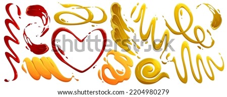 Stains and splashes of mayonnaise, ketchup and mustard. Vector cartoon set of spills and strips of cream, cheese sauce, mayo and barbecue isolated on white background Royalty-Free Stock Photo #2204980279