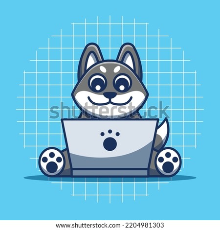 Cute gray dog working with laptop vector illustration