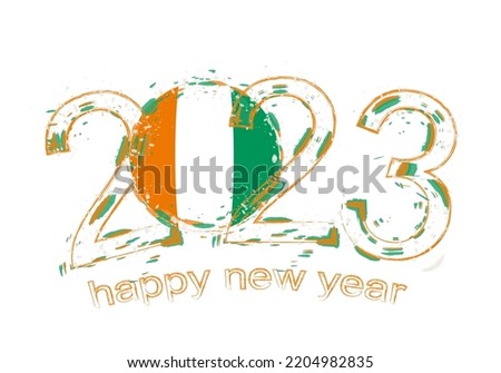 2023 Year in grunge style with flag of Ivory Coast. Holiday grunge vector illustration.