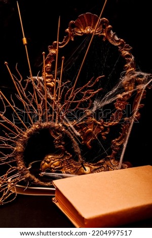 Halloween book composition, spider web, old vintage frame on a black background