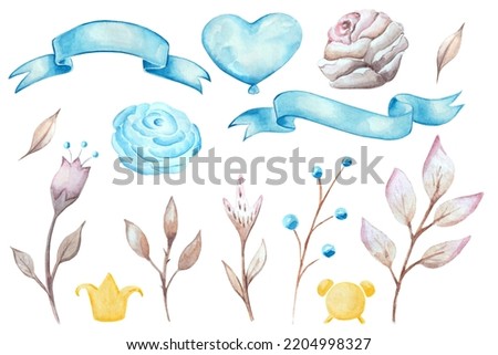 Clipart Watercolor drawing.  Branches, flowers, roses, ribbons, heart, balloon, blue shades, beige and brown flowers. set of watercolor color illustrations. wedding invitations, anniversaries