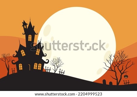 Halloween party card template - spooky castle, dead trees, full moon with orange background vector illustration