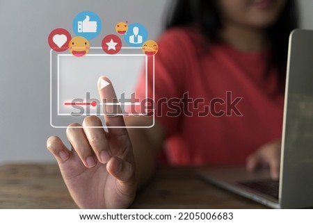 Social media and digital online concept, woman using laptop. The concept of living on vacation and playing social media. Social Distancing ,Working From Home concept.