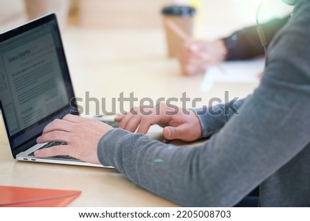 Hands, laptop and businessman with digital contract for sales company, marketing startup or employee interview. Zoom, communication technology and internet form for legal management of creative brand