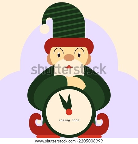 New Year's Eve greeting card. Vector image of an elf with a clock reminding of the approach of the new year